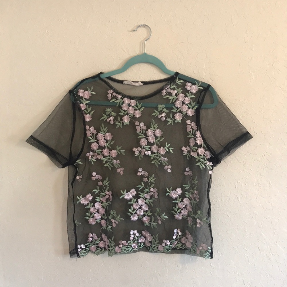 Sheer flower embroidered top